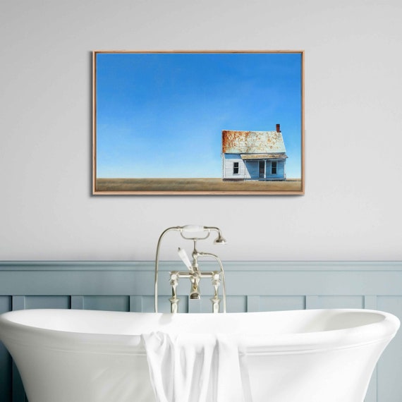 Old Lone Farmhouse In Grassy Field Wall Art Print Vintage Farm Decor Clear Skies Minimalistic Farm Art Ready To Hang