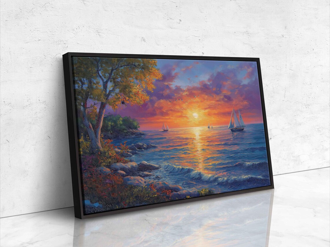 Sailboat Sunset Purple Orange Sky Ocean Waves Rocky Shore Painting Travel Poster - Image 4