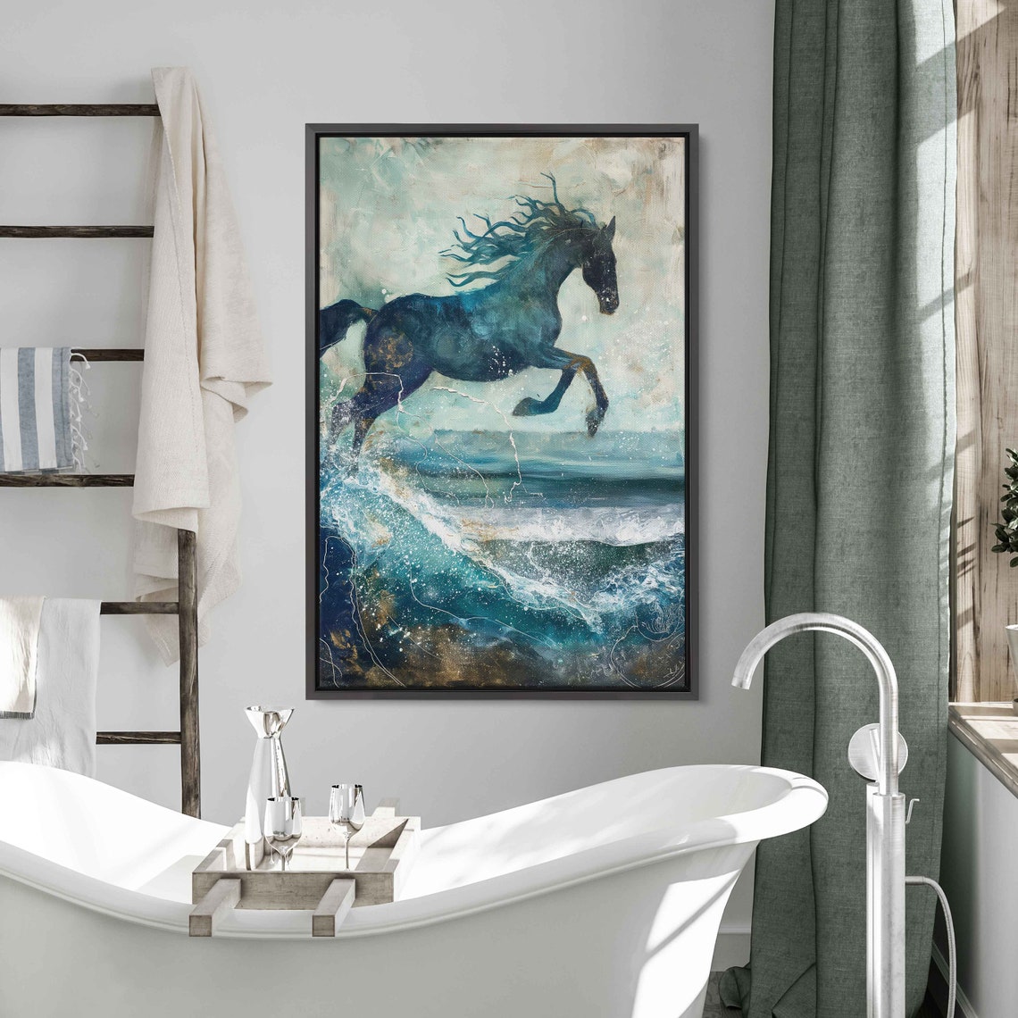 Blue Horse Galloping Over Ocean Waves Mixed Media Coastal Art Poster - Image 3