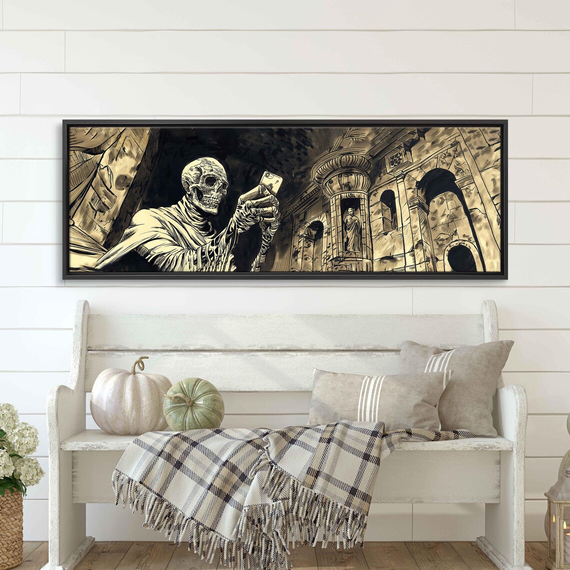 Funny Skeleton Taking Selfie With Smartphone In Ancient Crypt Ink Poster - Image 3