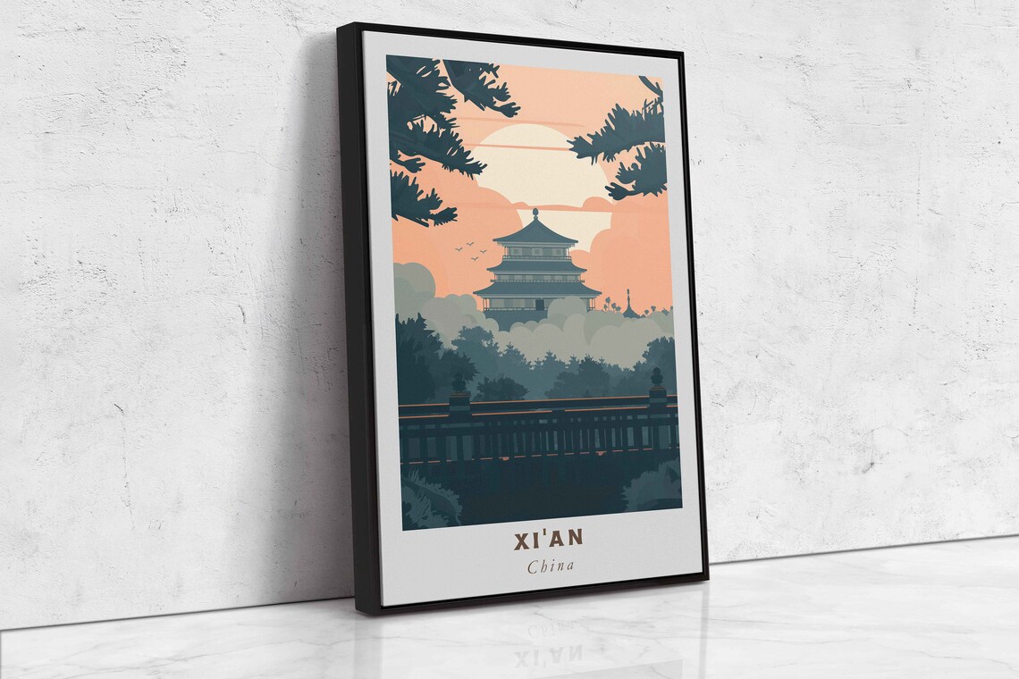 Xian China Tiered Pagoda Peach Sunset Pine Silhouette Travel Poster - Image 2