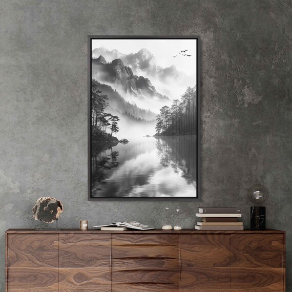 Serene Lake Flowing Through Mountainside Wall Art Print Monochromatic Art Lakeshore Forest Ready To Hang