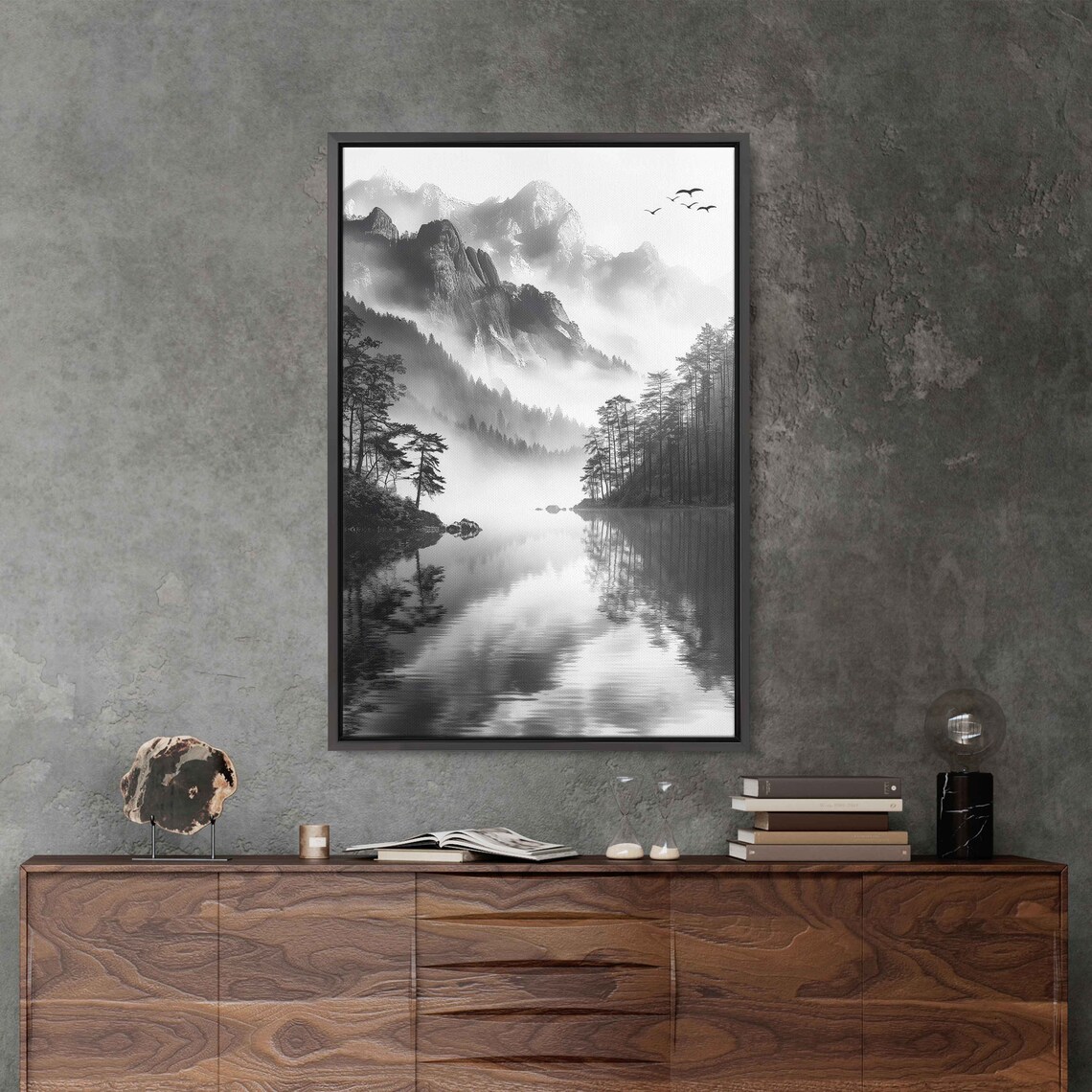 Serene Lake Flowing Through Mountainside Wall Art Print Monochromatic Art Lakeshore Forest Ready To Hang