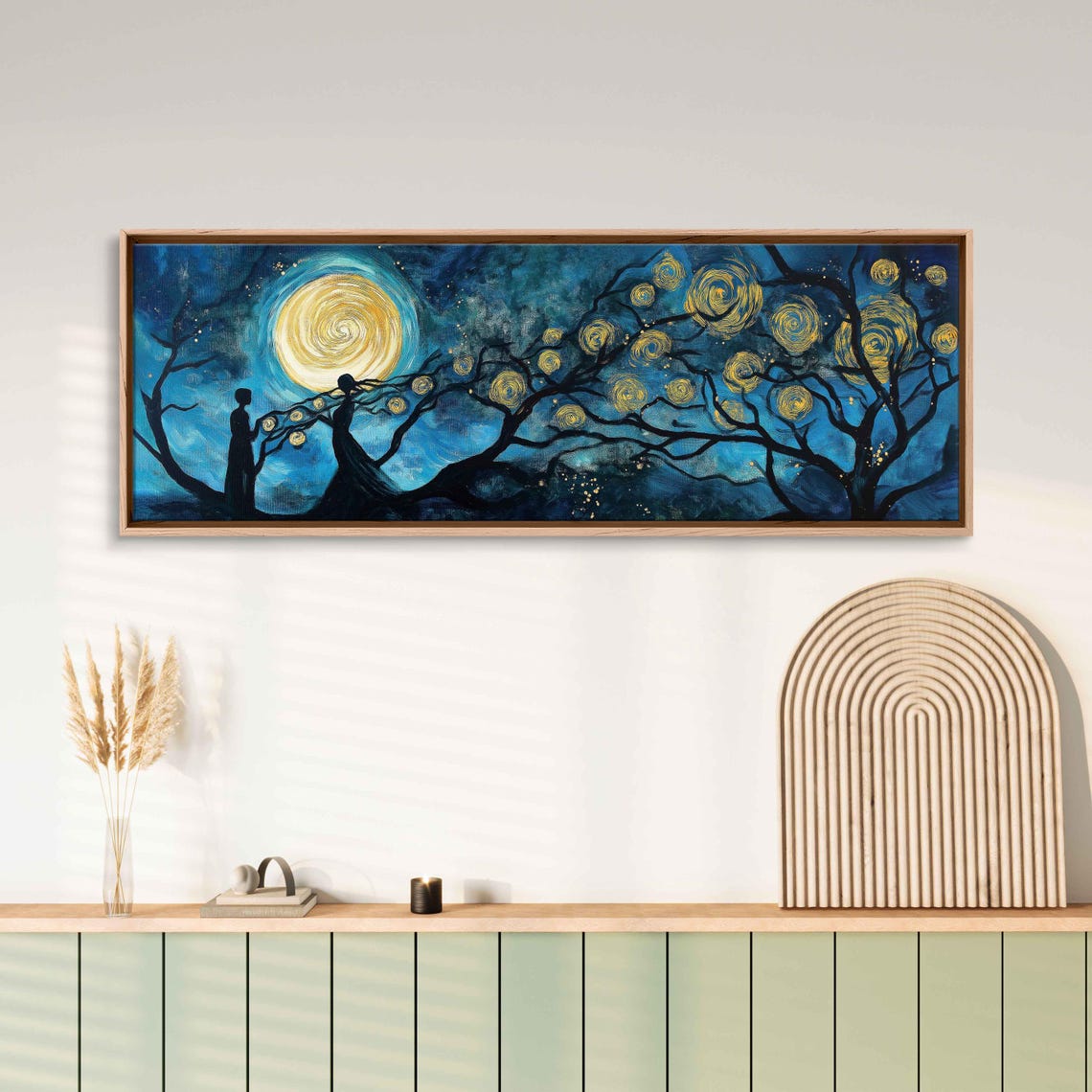 Mystical Night Sky Wall Art Print Swirling Stars Celestial Figures Golden Spirals - Image 3
