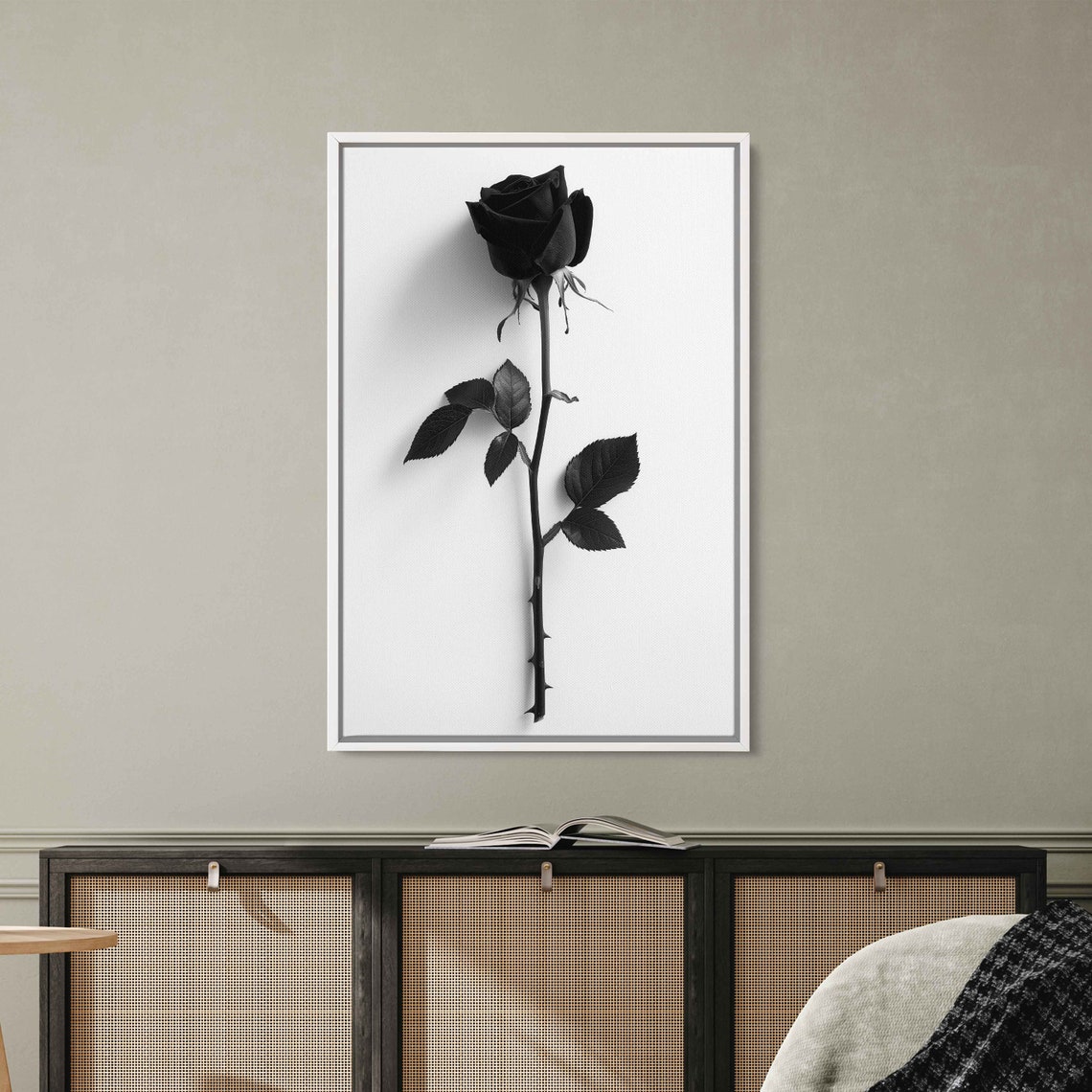 Single Black Rose Stem Monochrome Minimalist Flower Art Poster - Image 2