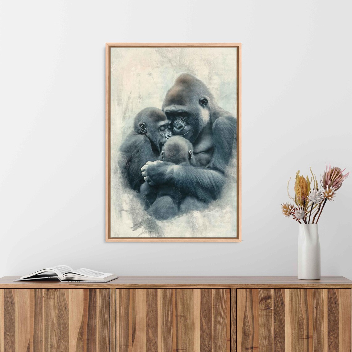 Gorillas Nurturing Each Other, Pastel Watercolor