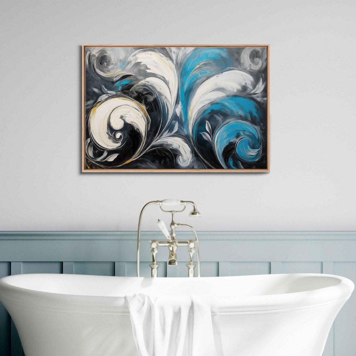 Dynamic Blue Swirls Abstract Acrylic, Gold Touches