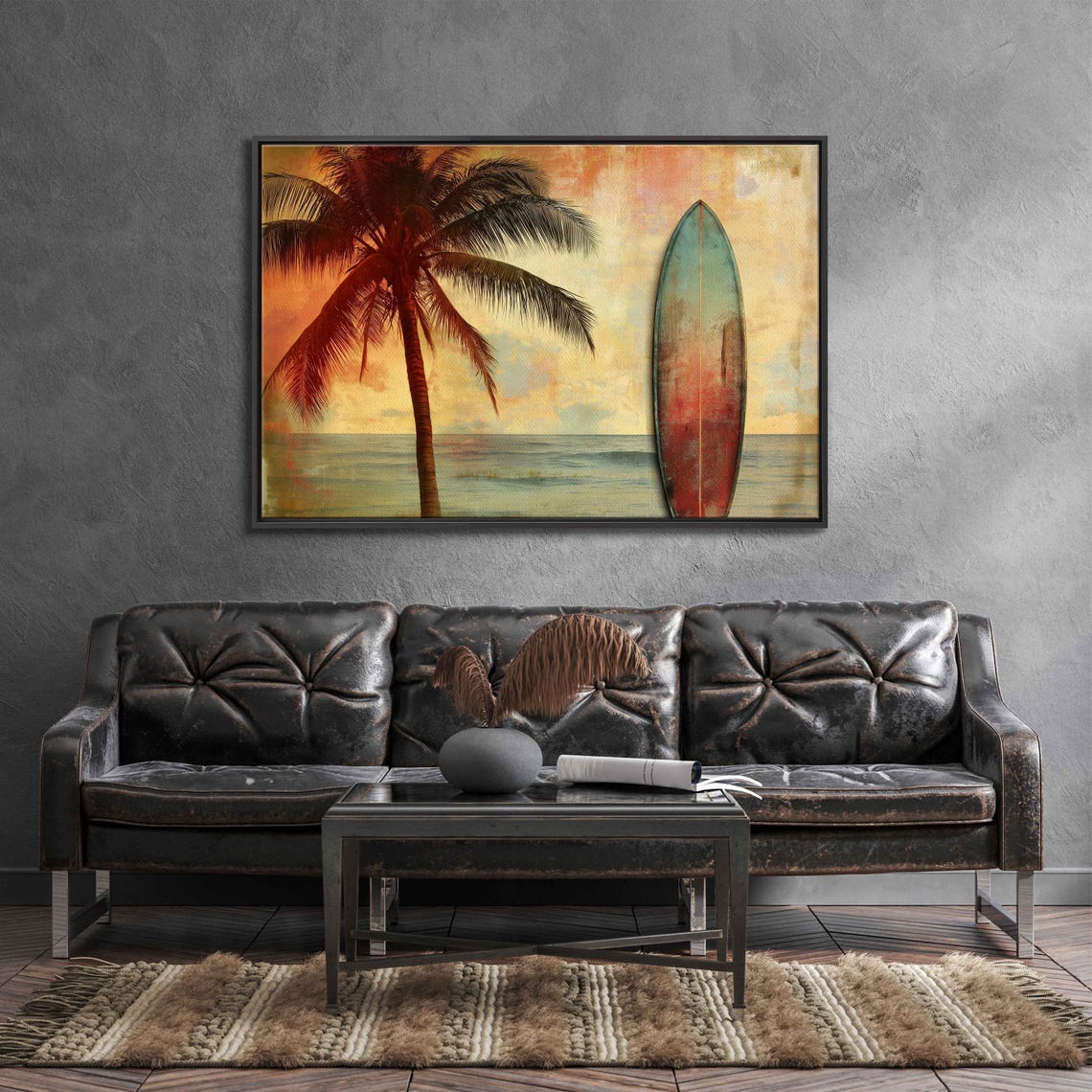 Surfboard On Sandy Beach Wall Art Print Beach Life Tropical Island Gift For Surfer Blue Water Palm Trees Ready To Hang - Image 3