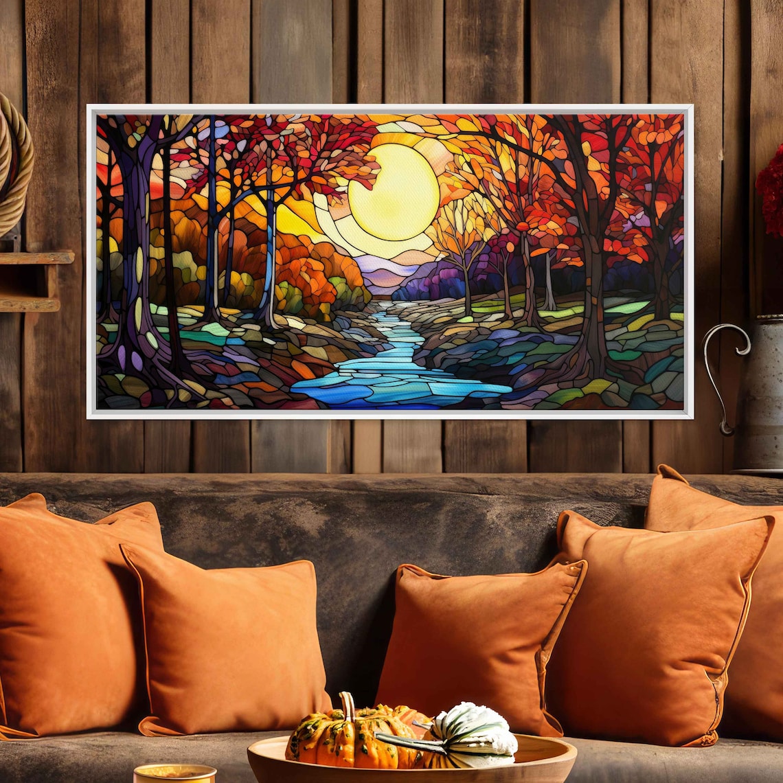 Stained Glass Forest Stream Sunset Mosaic Autumn Landscape Poster - Image 3