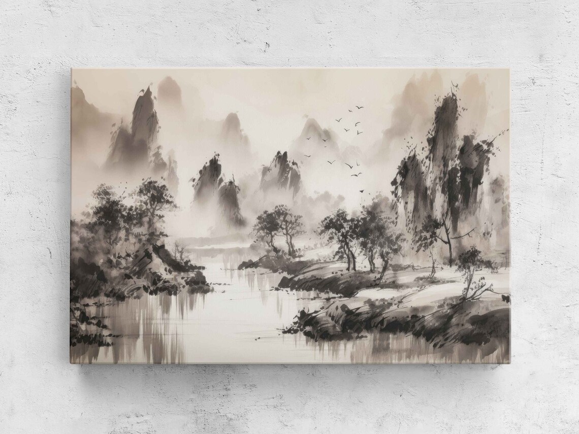 Chinese Ink Wash Mountain Landscape Misty River Birds Sepia Poster