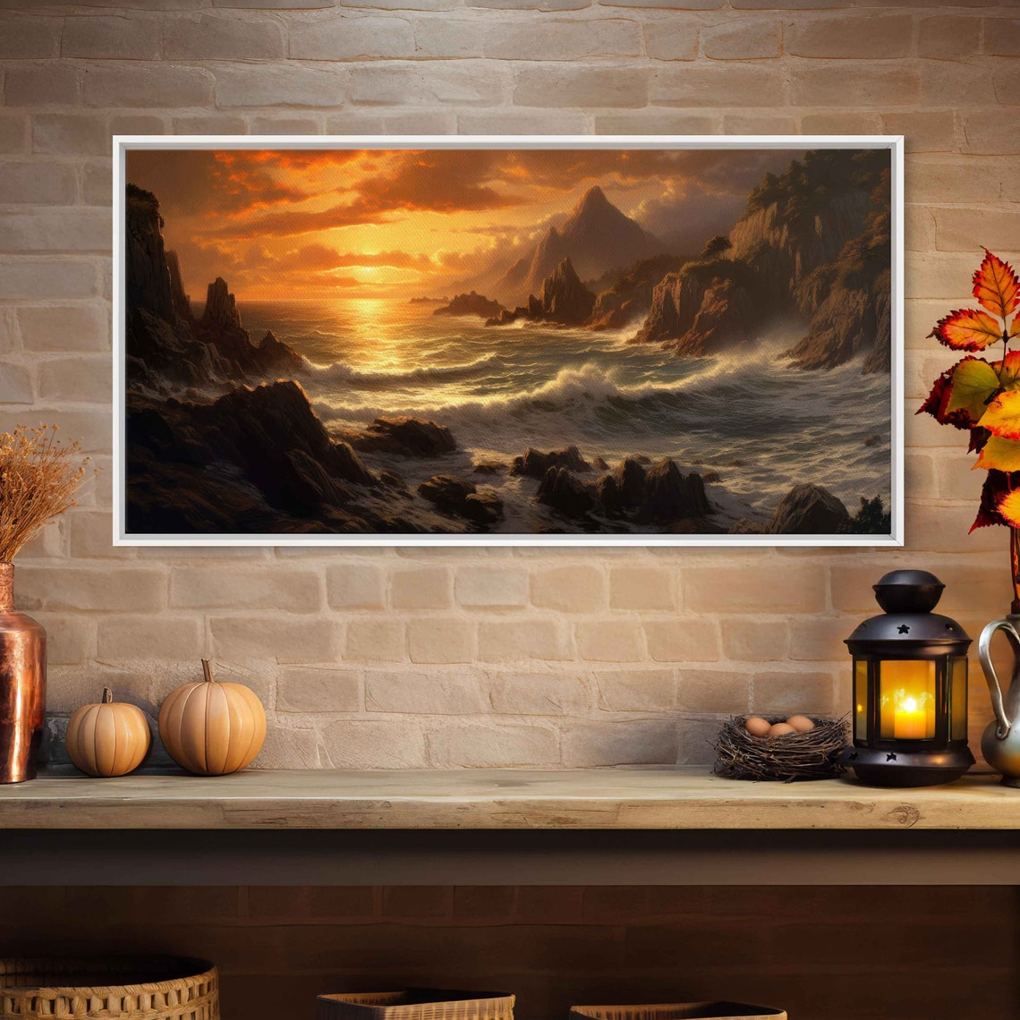 Rocky Coast Sunset Crashing Waves Golden Cliffs Seascape Travel Poster - Image 2