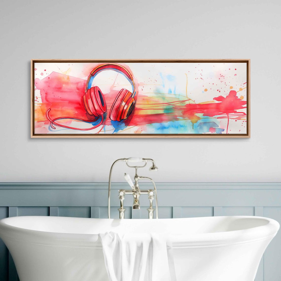 Red Headphones Watercolor Splashes Pink Blue Panoramic Wall Poster
