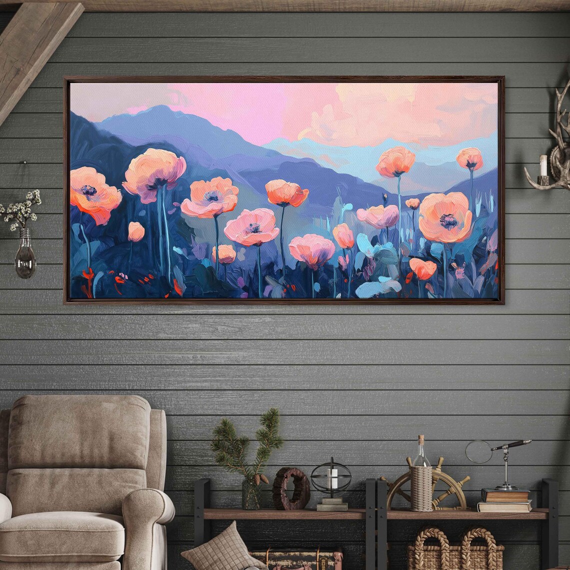 Oversized Pink Blossoms Before Blue Mountains At Dusk Art Poster - Image 3