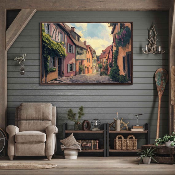 Quaint European Village Wall Art Print Cobblestone Streets Pastel Buildings Nostalgic Sky