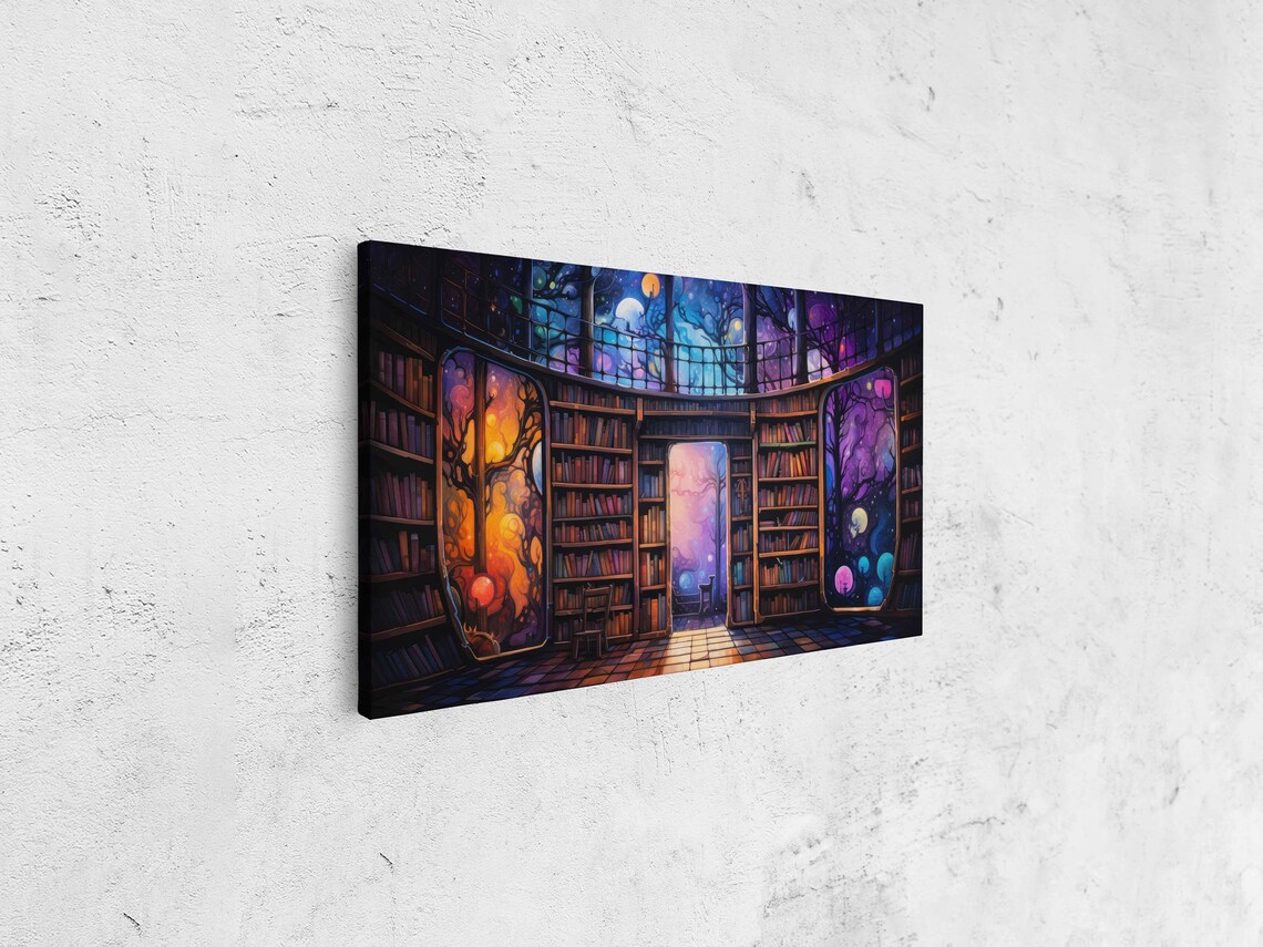 Colorful Fantasy Library Night Panoramic Bookshelves Moon Planets Art Poster - Image 4