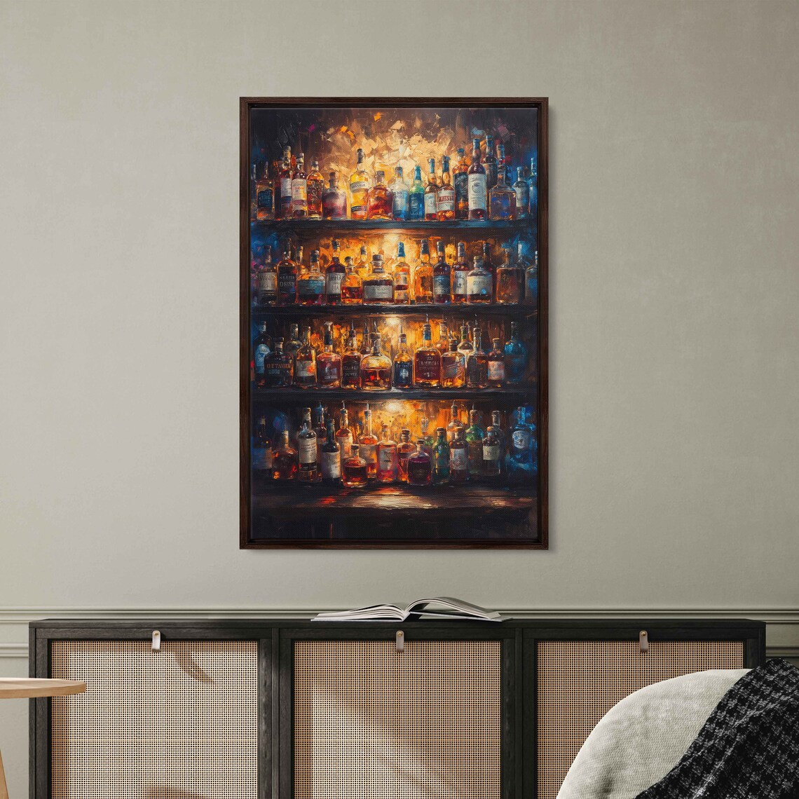 Liquor Bottles Behind Bar, Oil Painting Art Print - Image 3