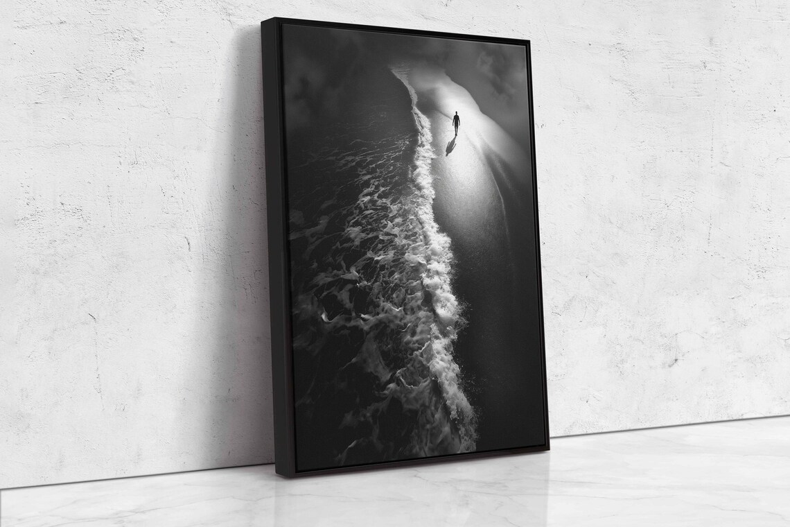 Lone Walker On Night Beach Aerial View With Waves Black White Art Print - Image 4