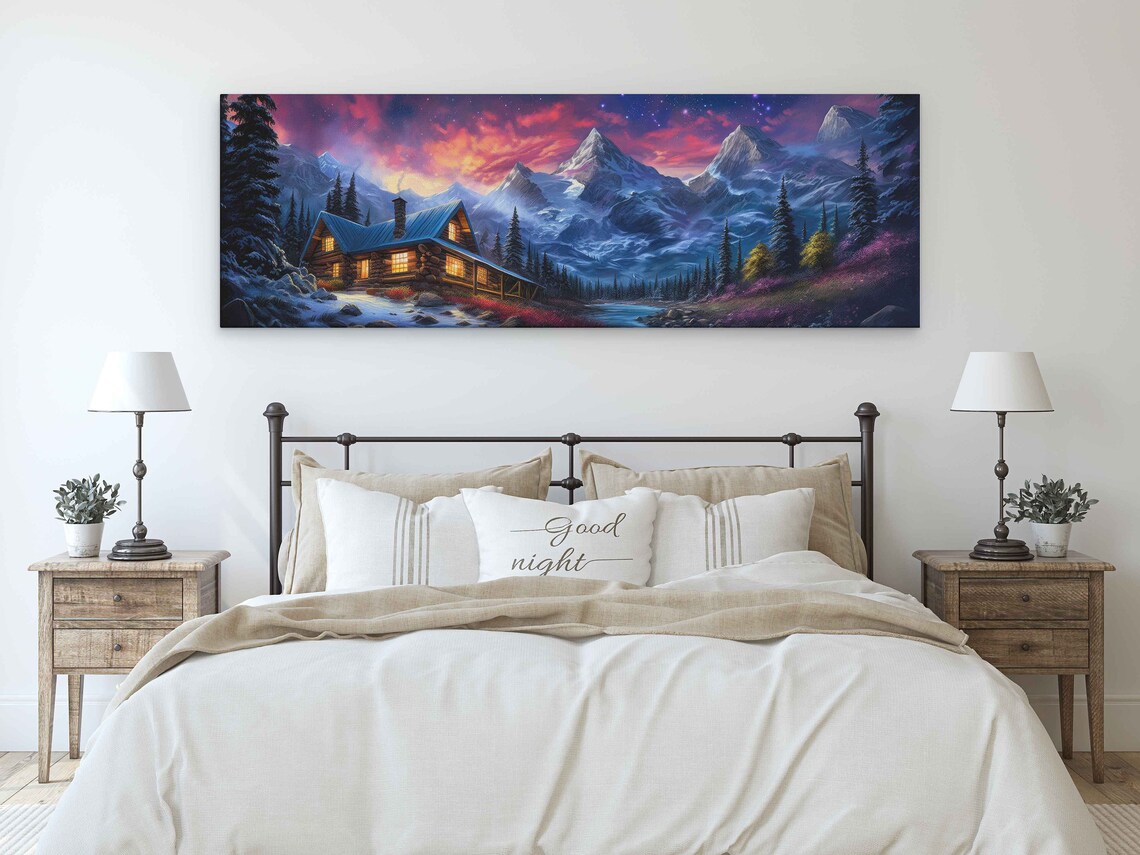 Log Cabin Night Purple Pink Starry Sky Snowy Mountains River Art Poster - Image 3