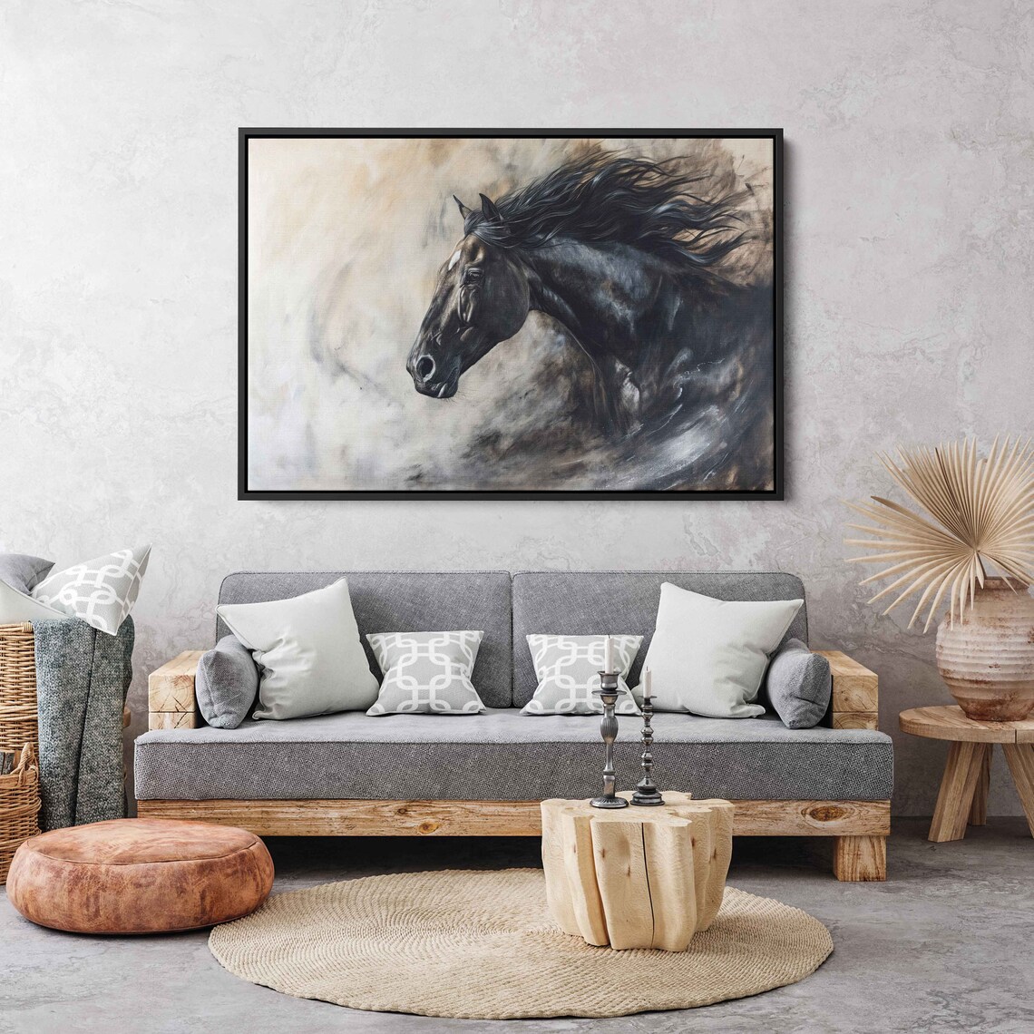 Black Horse Head Portrait Smoky Mist Dramatic Equine Painting Poster - Image 2