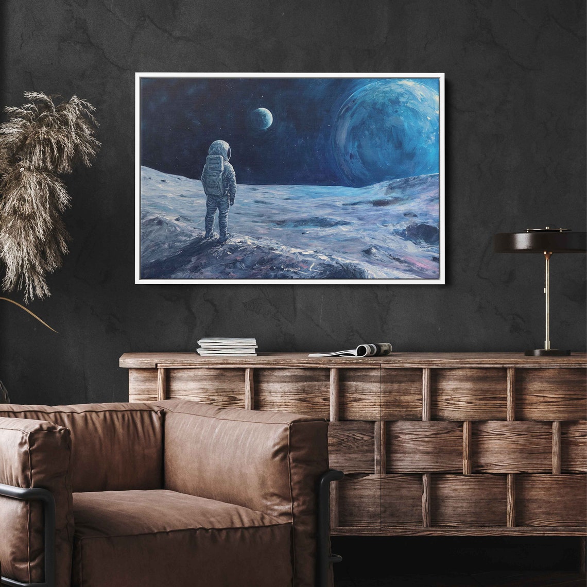 Astronaut Standing Moon Surface Earth Starry Sky Space Painting Print