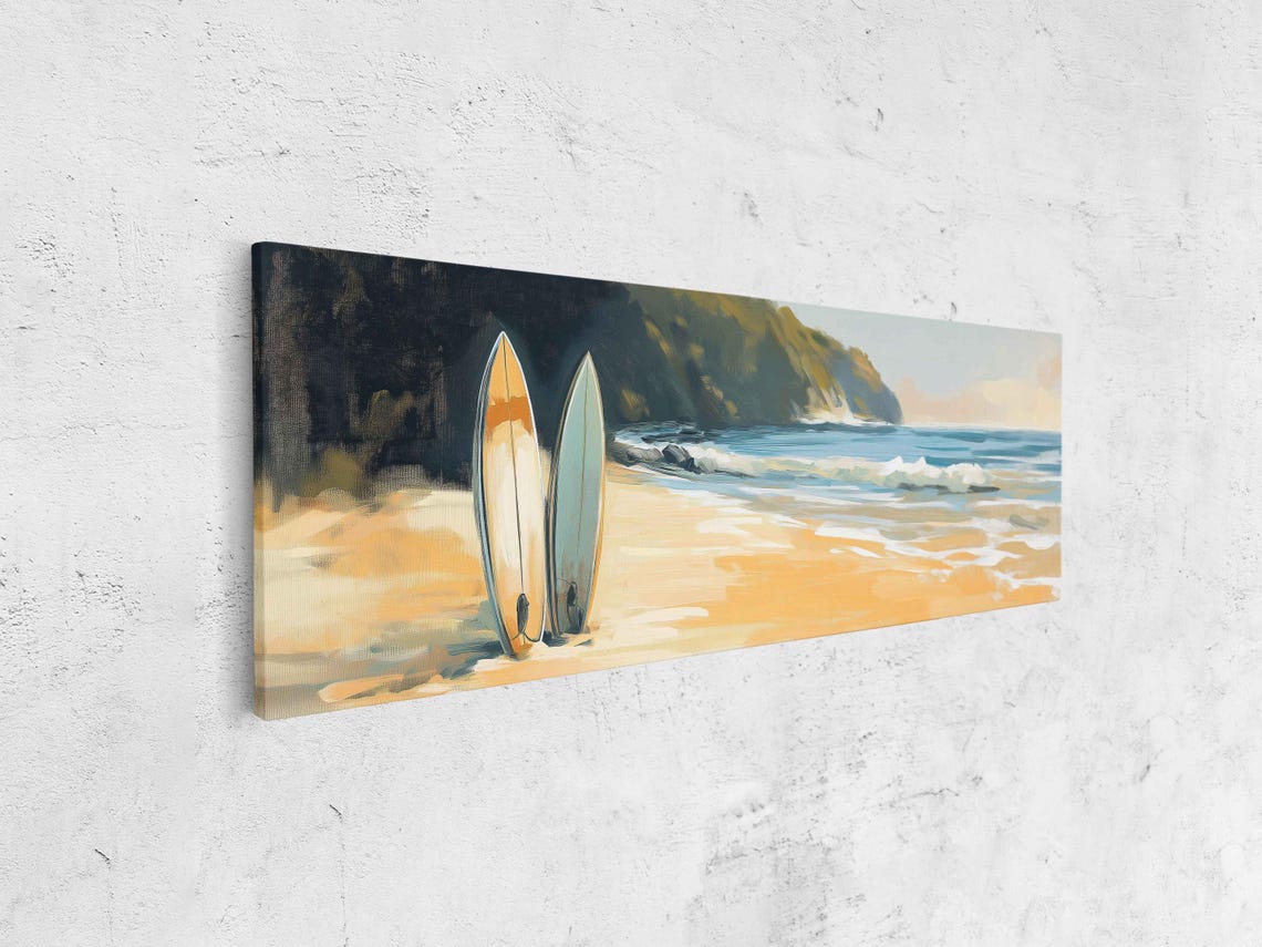 Surf Boards On Sandy Acrylic Beach Wall Art Print Tropical Island Gift For Surfer Blue Water Palm Trees Ready To Hang - Image 4