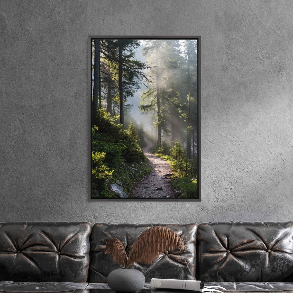Mountain Path Through Sunlit Misty Forest Wall Art Print Ready To Hang - Image 3