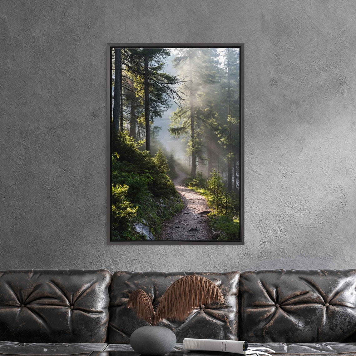 Sunlit Misty Forest Path Tall Pine Trees Morning Light Photo Poster - Image 3