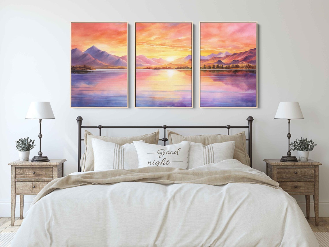 Mountain Lake Sunset Watercolor Triptych Colorful Panoramic View Print - Image 3