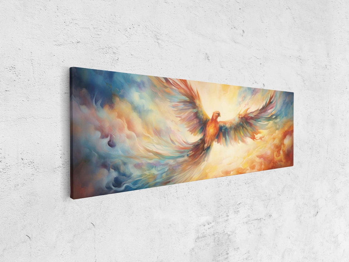 Phoenix Soaring Pastel Clouds Watercolor Panoramic Rebirth Bird Art - Image 4
