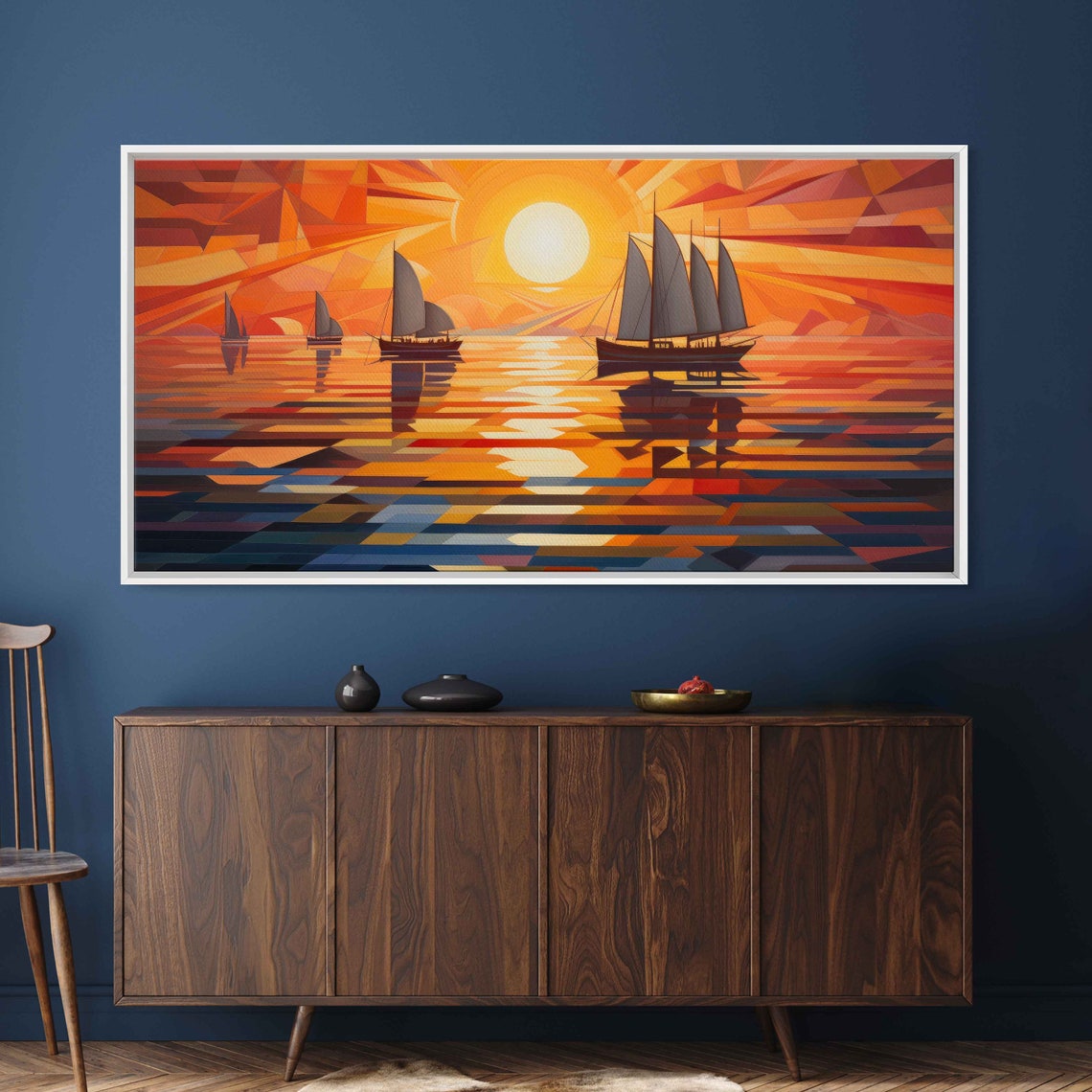 Geometric Art Deco Sailboats On Orange Sunset Sea Abstract Poster - Image 3