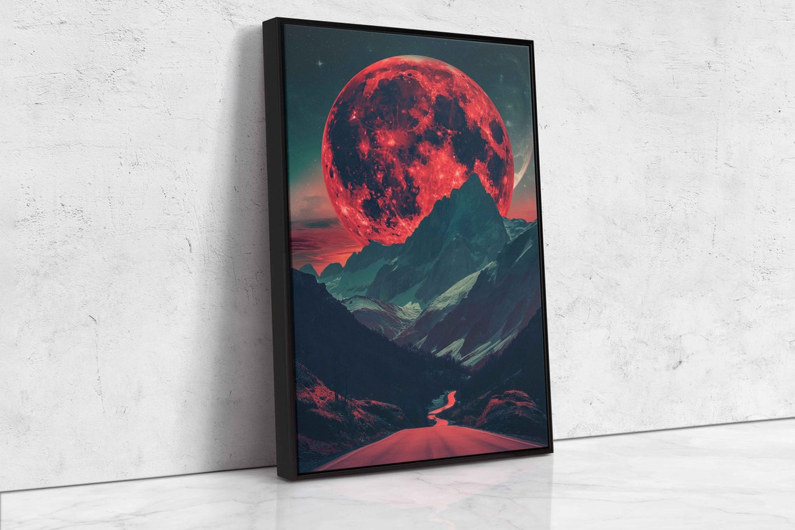 Giant Blood Red Moon Rising Over Dark Desert Mountain Road Poster - Image 4