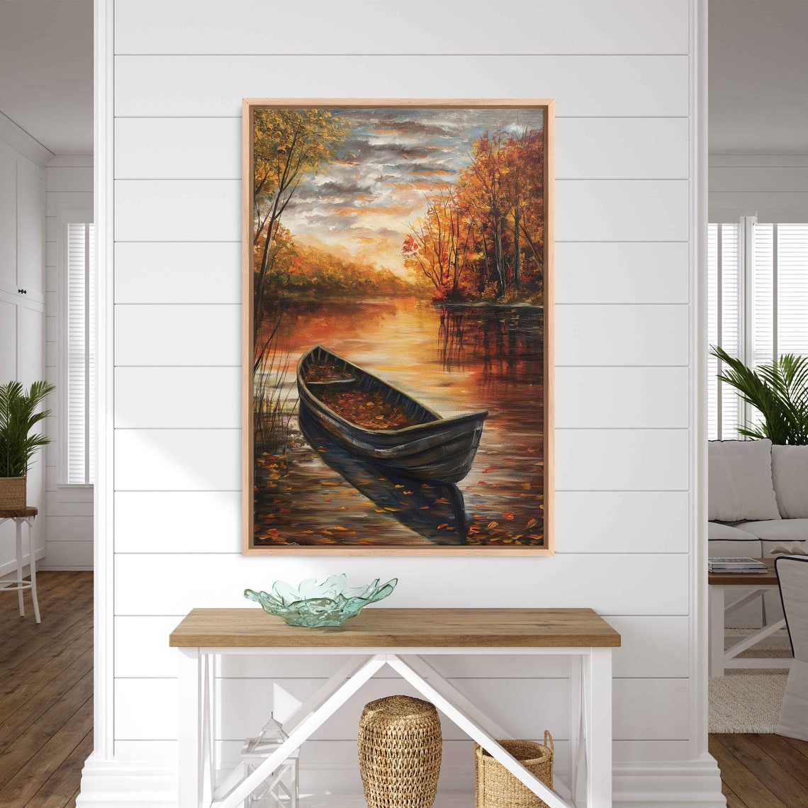 Wooden Canoe Filled With Leaves On Autumn River At Sunset Poster - Image 3