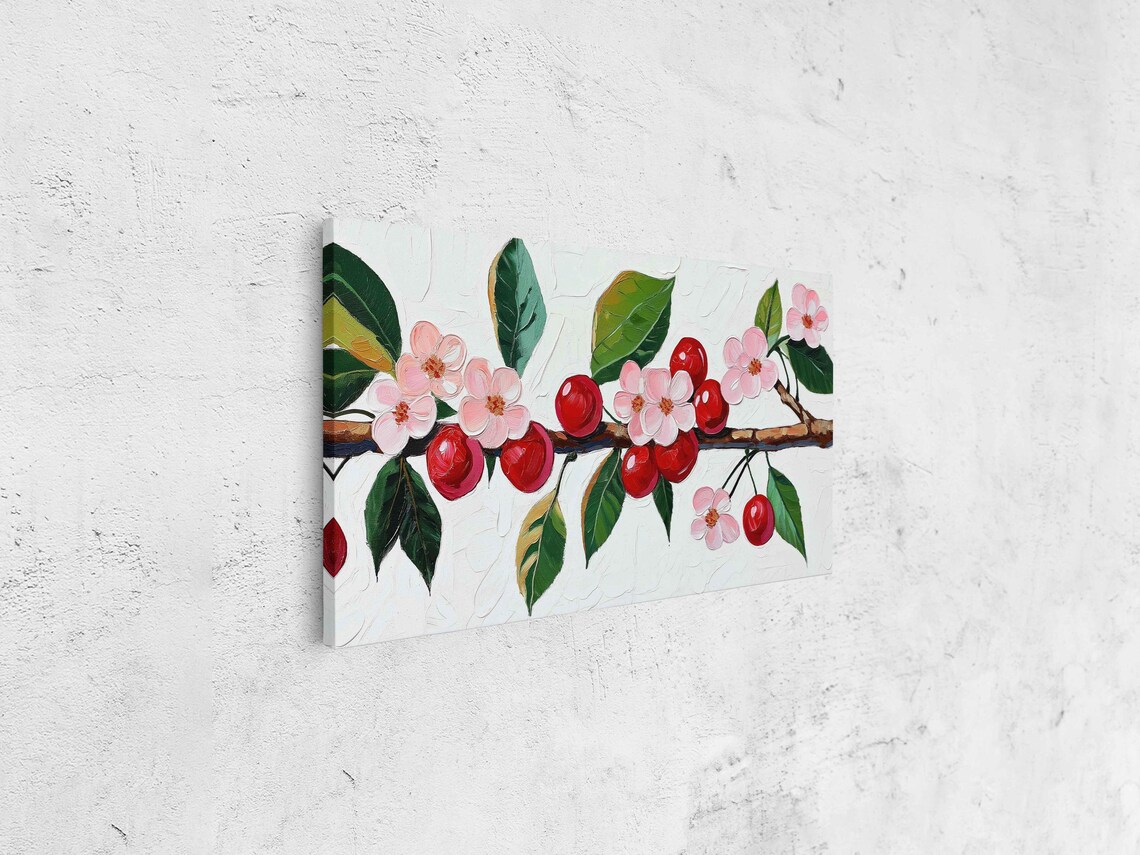 Cherry Branch Red Cherries Pink Blossoms Impasto Oil Kitchen Wall Art - Image 4