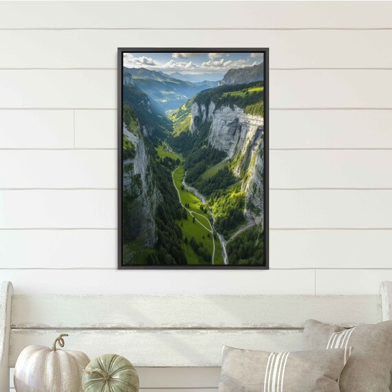 Overhead View Of Long Winding Road Through Lush Mountain Valley Wall Art Print Deep Mountain Gorge Ready To Hang
