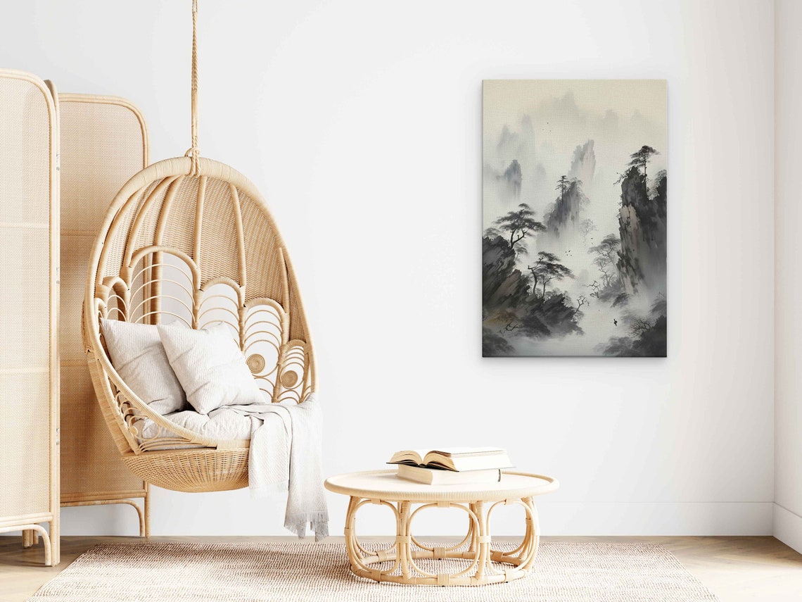 Chinese Ink Wash Foggy Mountain Peaks Pine Trees Scroll Art Poster - Image 3