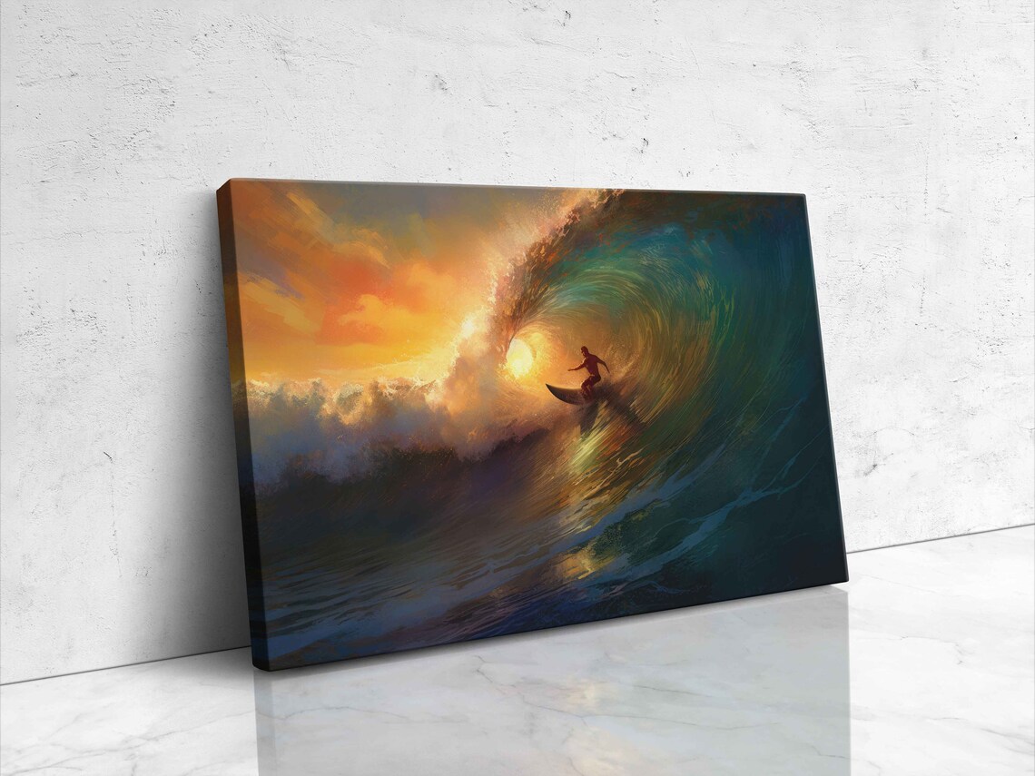 Surfing a Big Wave, Oil Painting Wall Art Print - Image 4