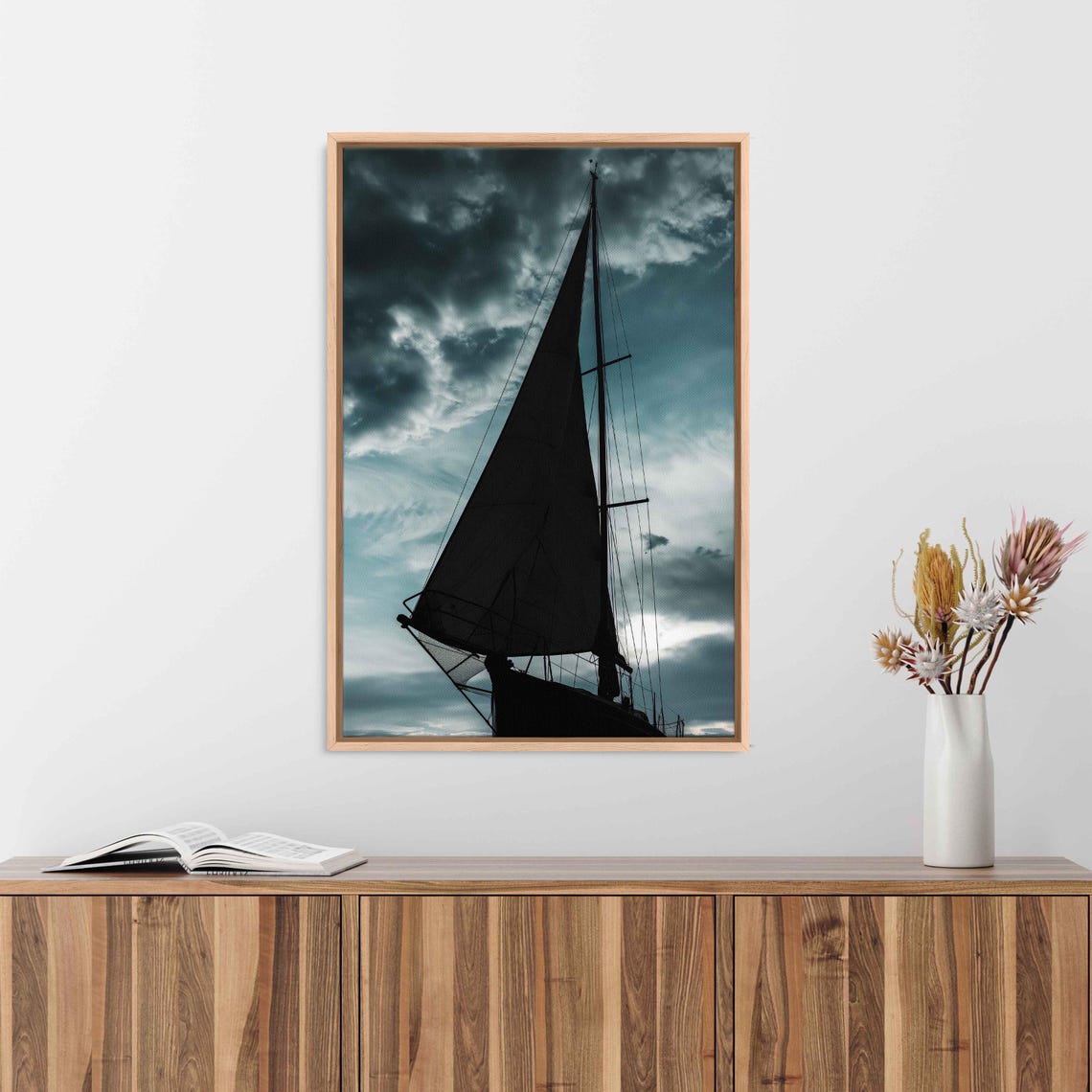Sailboat Silhouette Dark Sail Moody Teal Storm Sky Nautical Poster