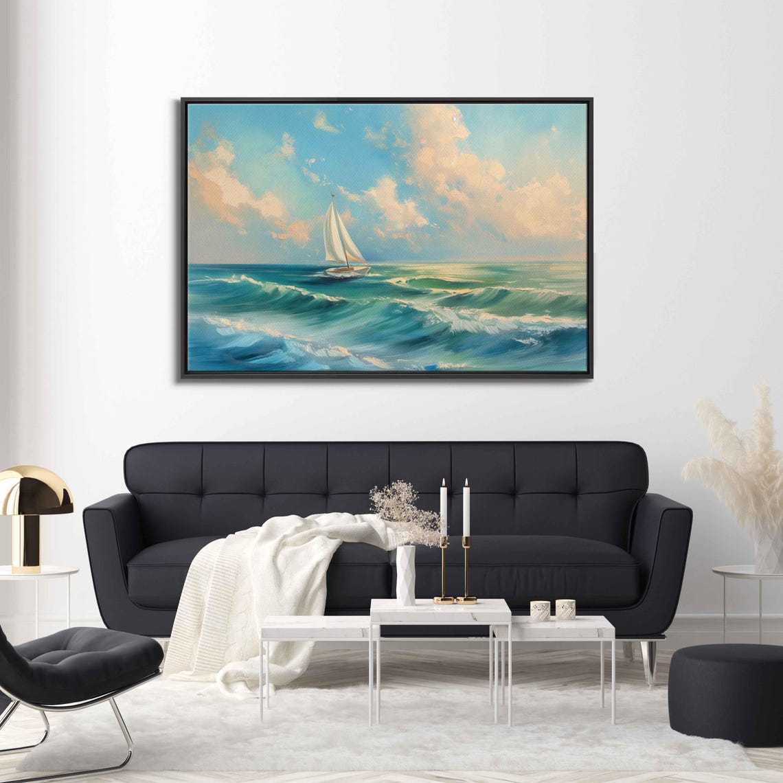 Sailboat On Teal Rolling Waves Pastel Clouds Oil Painting Poster
