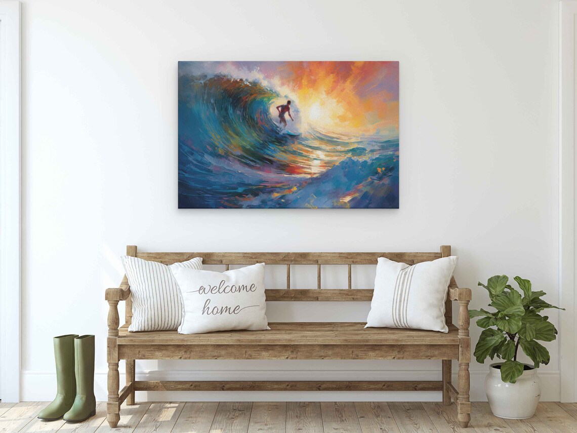 Surfer Riding Barrel Wave At Sunset Vibrant Ocean Oil Painting Poster - Image 2