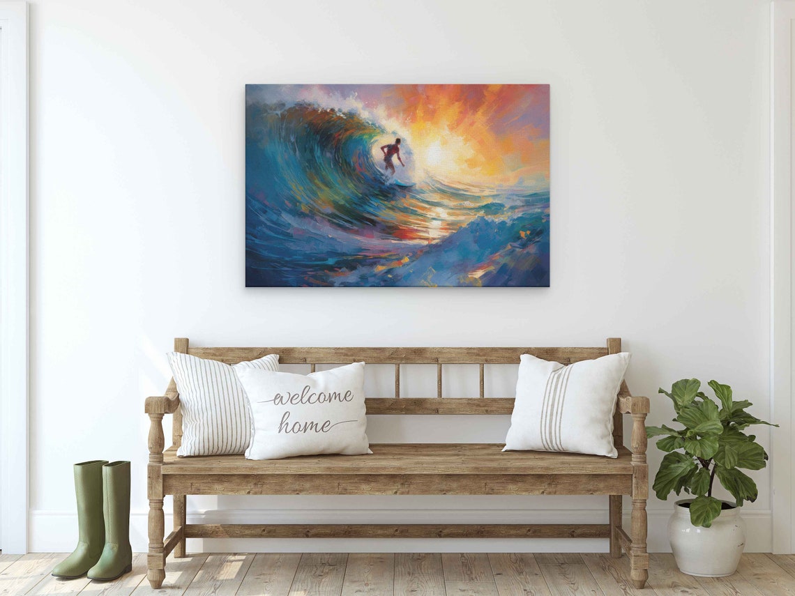 Surfing A Big Wave Oil Painting Reproduction Print On Ready To Hang Beach Wall Art - Image 2