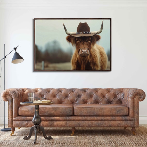 Adorable Highland Cow Wearing Cowboy Hat Wall Art Print Cute Animal Painting Farm Wall Art Gift For Her Ready To Hang