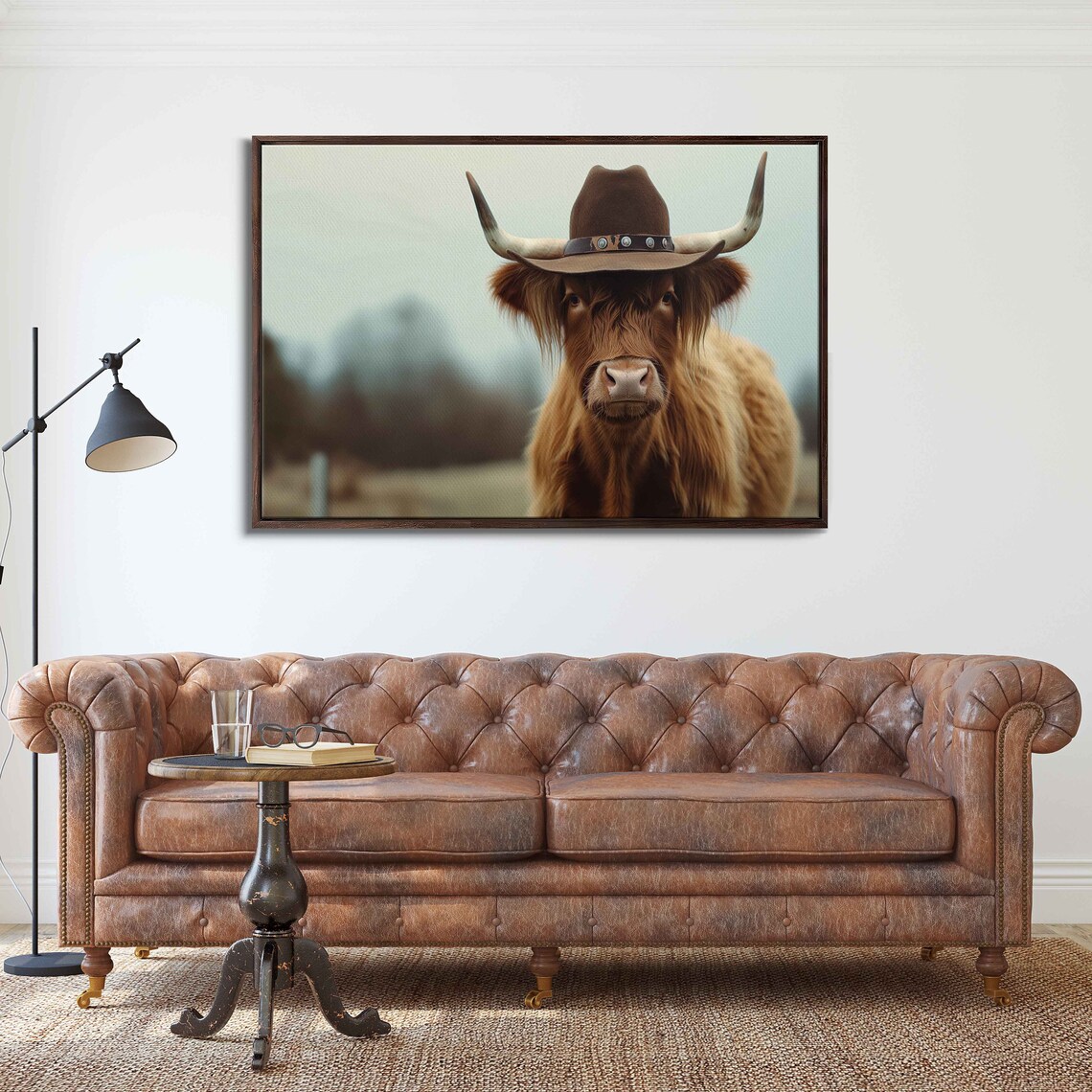 Highland Cow Wearing Cowboy Hat Funny Portrait Farm Animal Poster