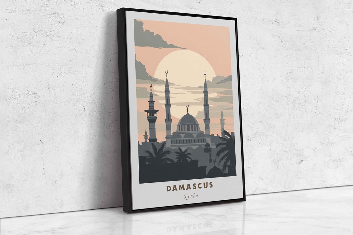 Damascus Syria Mosque Minarets Silhouette Sunset Travel Poster - Image 2