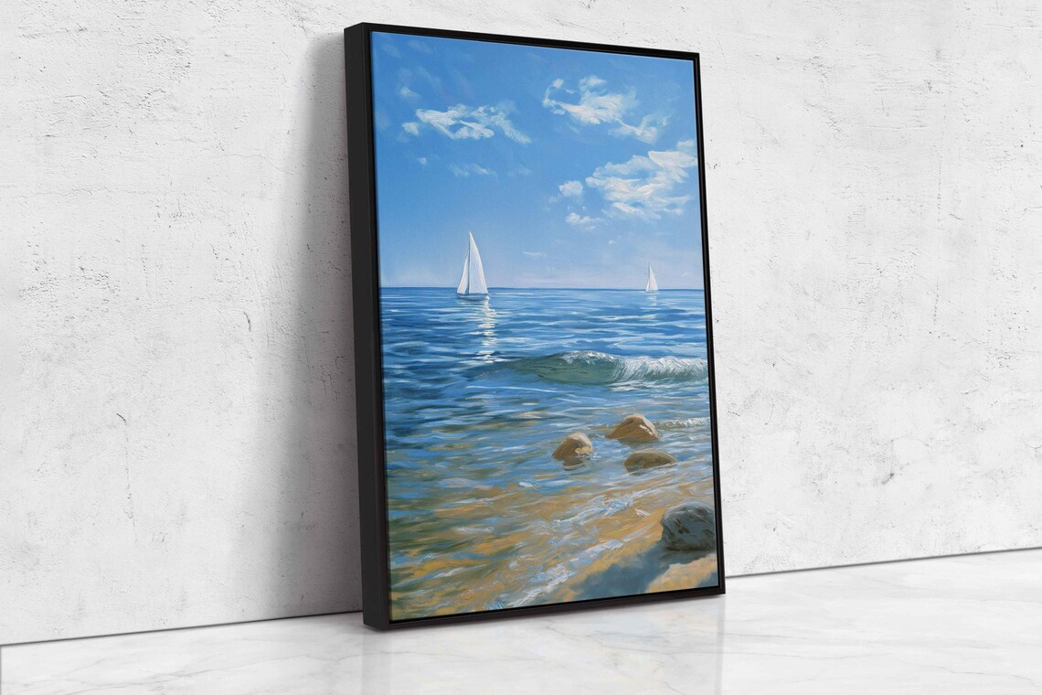White Sailboats Gliding Across Bright Blue Ocean Sunny Day Painting Poster - Image 4