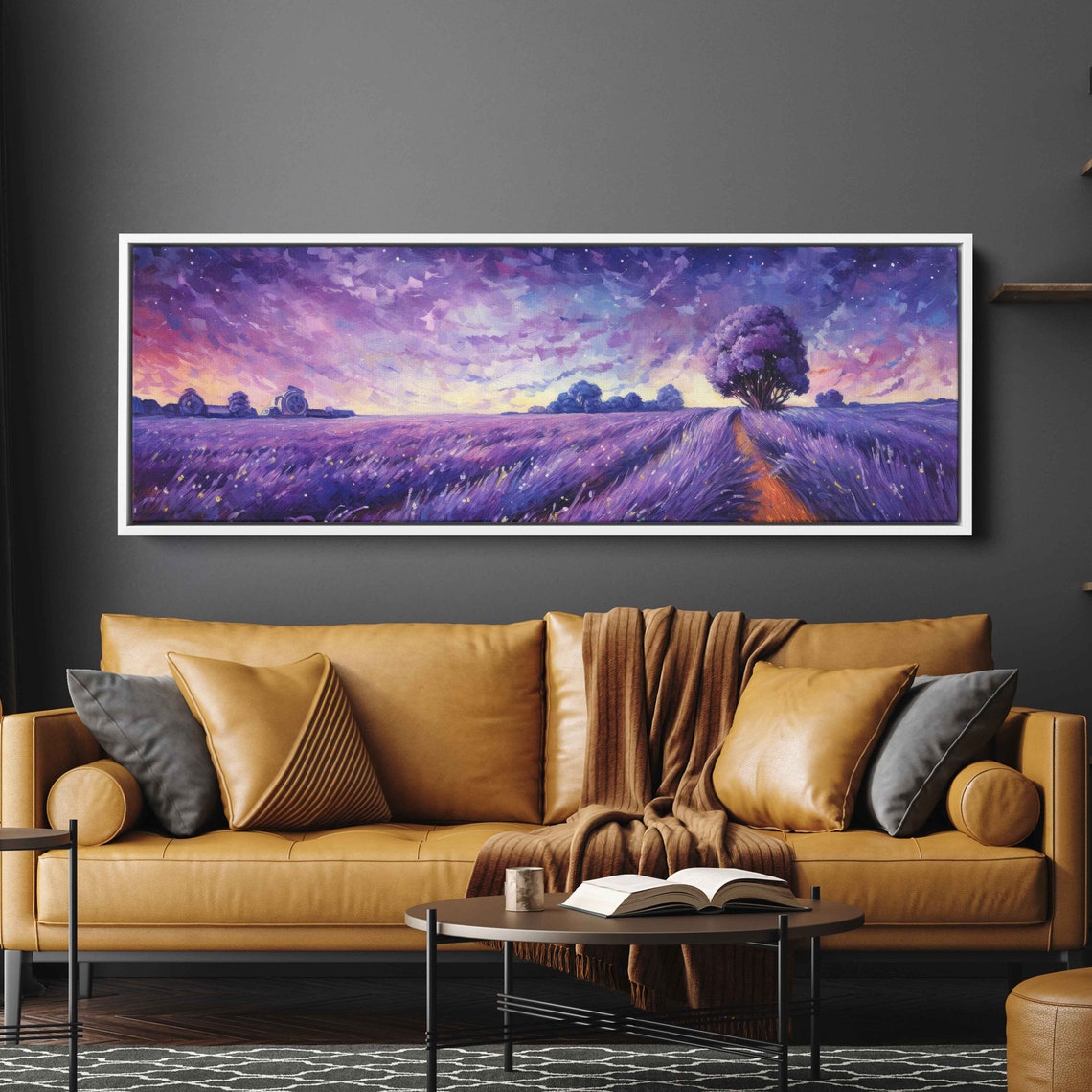 Panoramic Lavender Field Colorful Starry Night Sky Painting Print Ready To Hang - Image 3