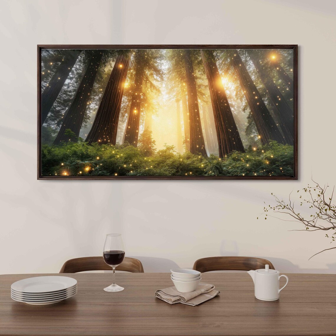 Misty Redwood Trees Wall Art Print Enchanted Forest Shimmering Light Fantasy Atmosphere