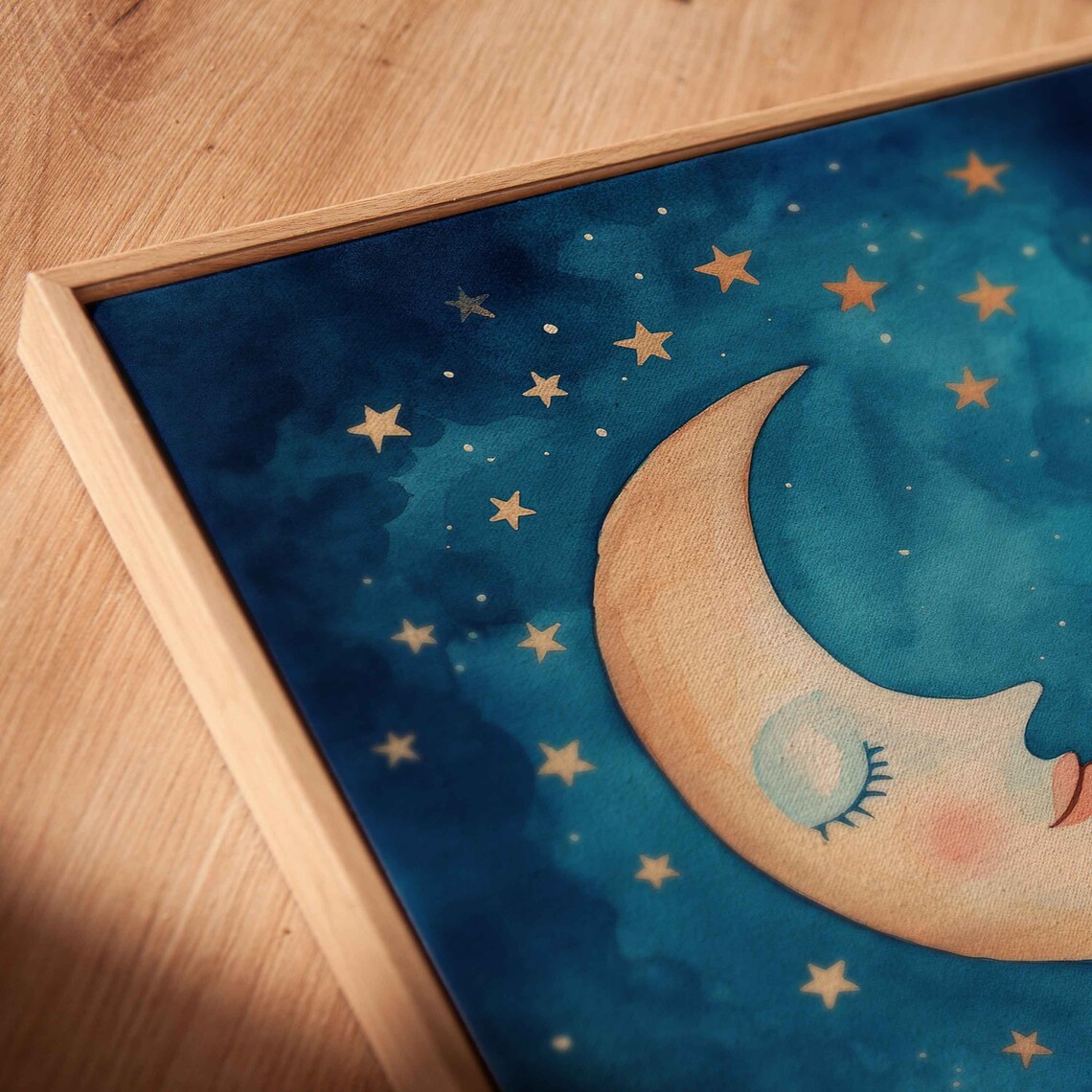 Smiling Crescent Moon And Stars Blue Night Sky Kids Room Watercolor Poster - Image 2