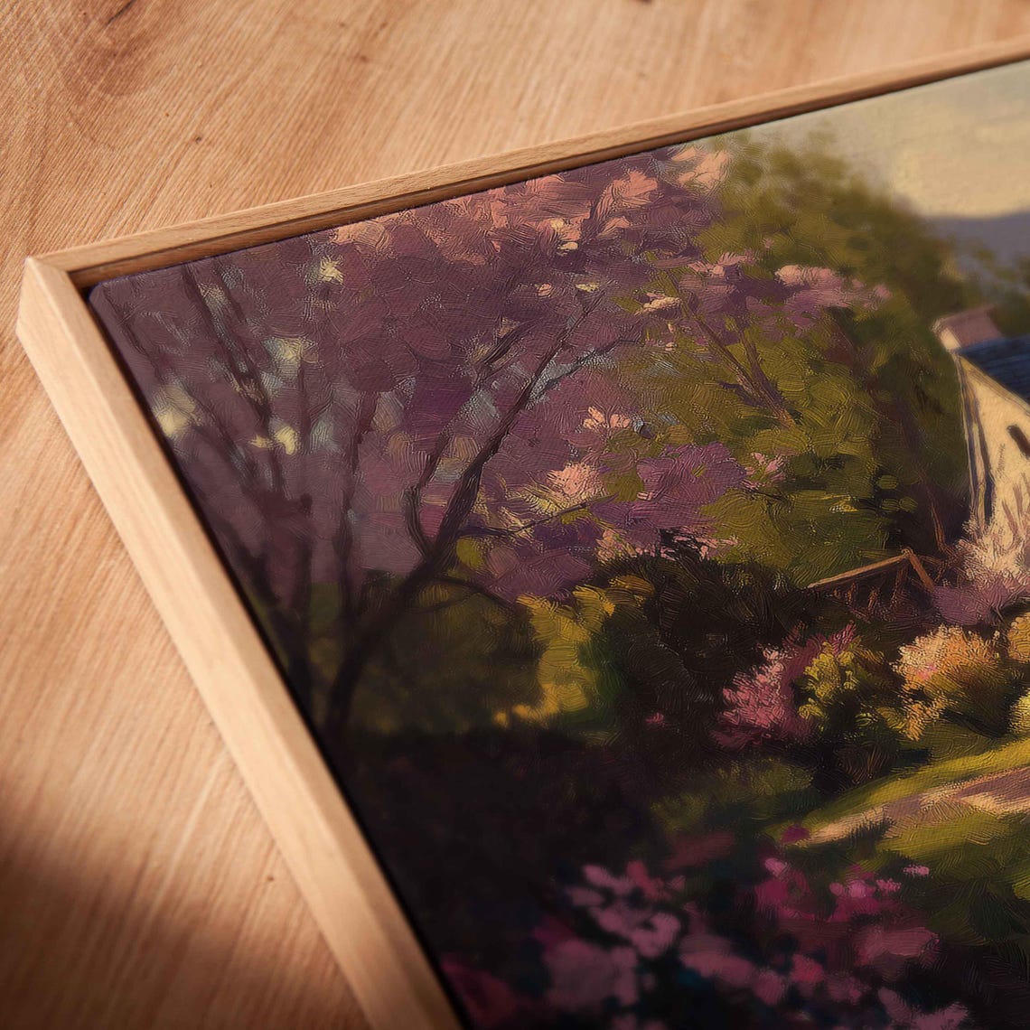 Charming Cottage Among Pink Spring Blossoms Landscape Painting Poster - Image 2