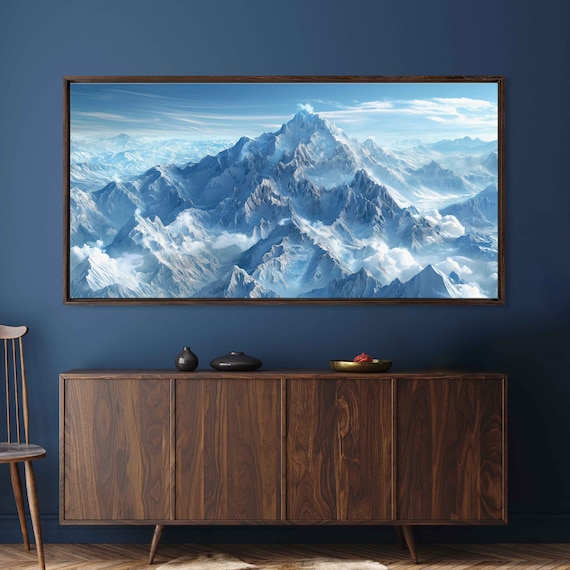 Snowy Mountain Range Fluffy Clouds Wall Art Print Ready To Hang