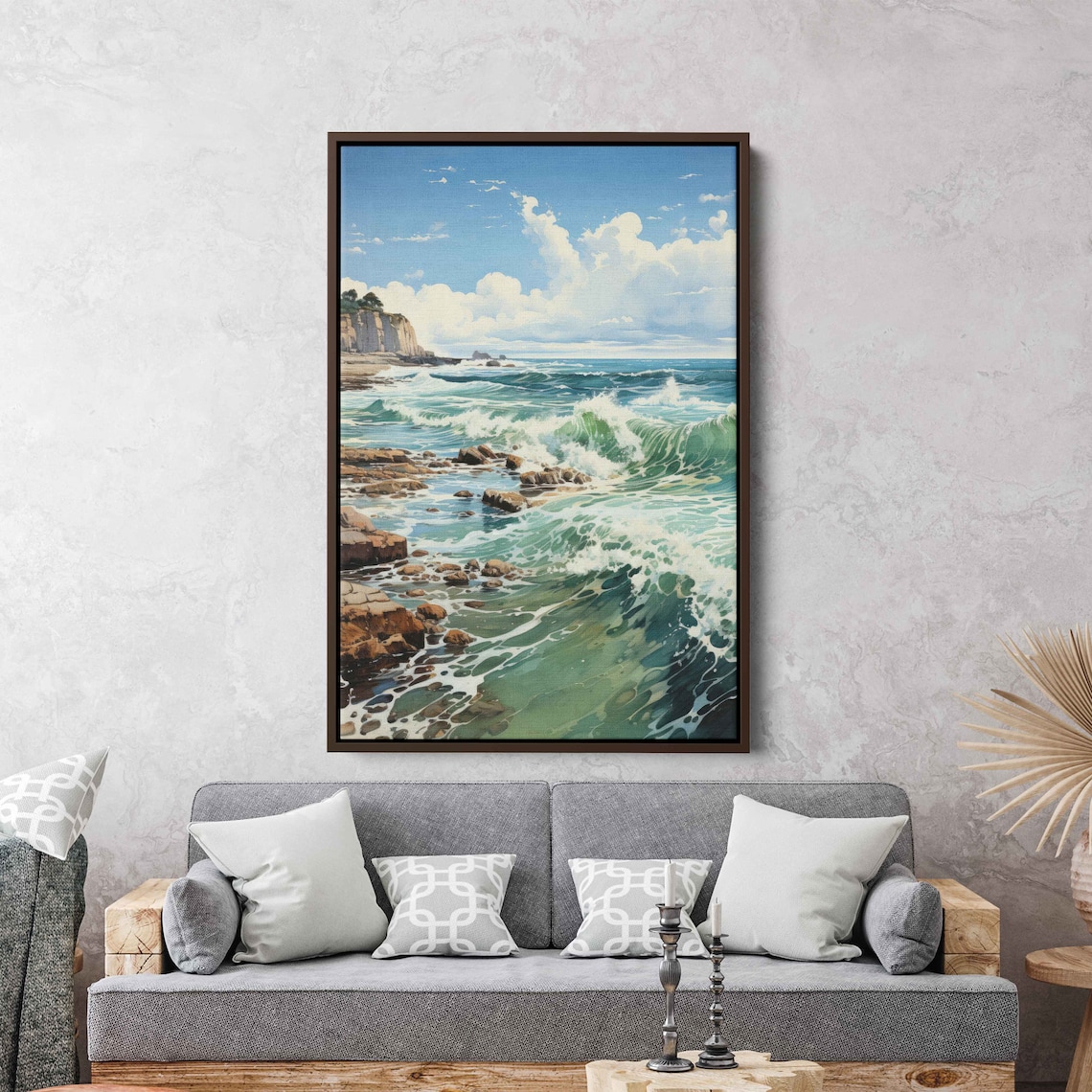 Turquoise Ocean Waves Rocky Coastline White Cliffs Watercolor Seascape Print - Image 3